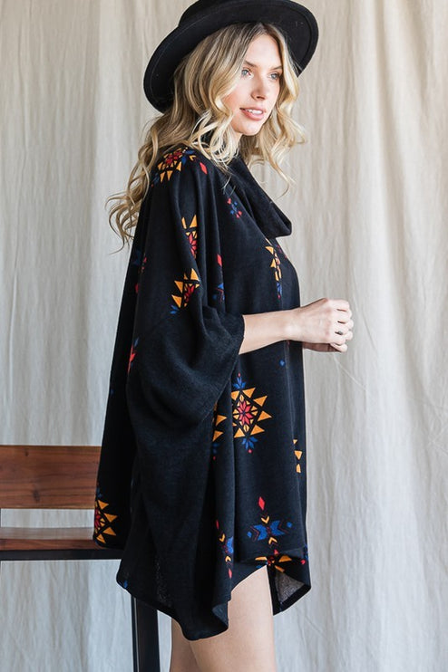 Vibrant Aztec Print Cowl Neck Poncho in Oversized Fit