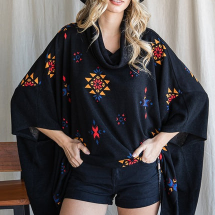 Vibrant Aztec Print Cowl Neck Poncho in Oversized Fit