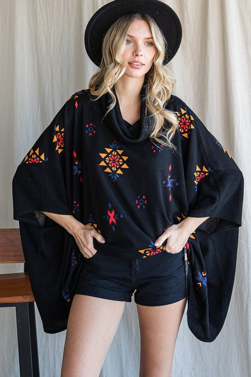 Vibrant Aztec Print Cowl Neck Poncho in Oversized Fit