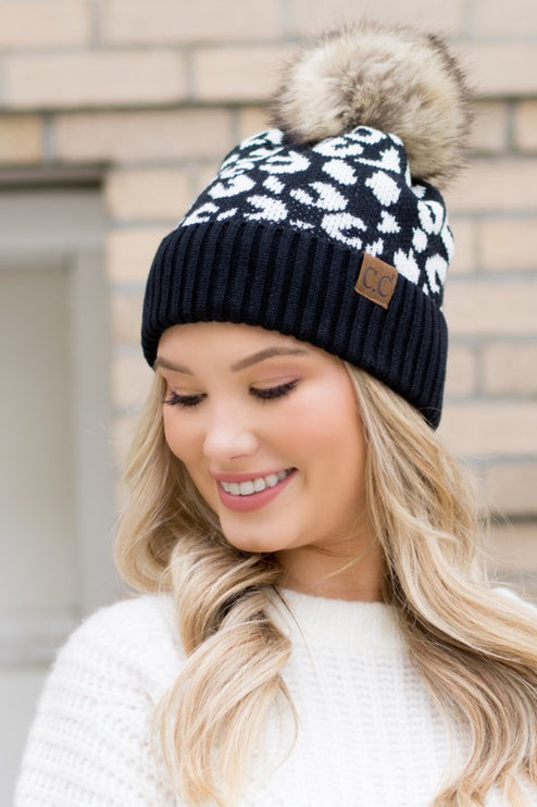 Leopard Fur Pom Beanie