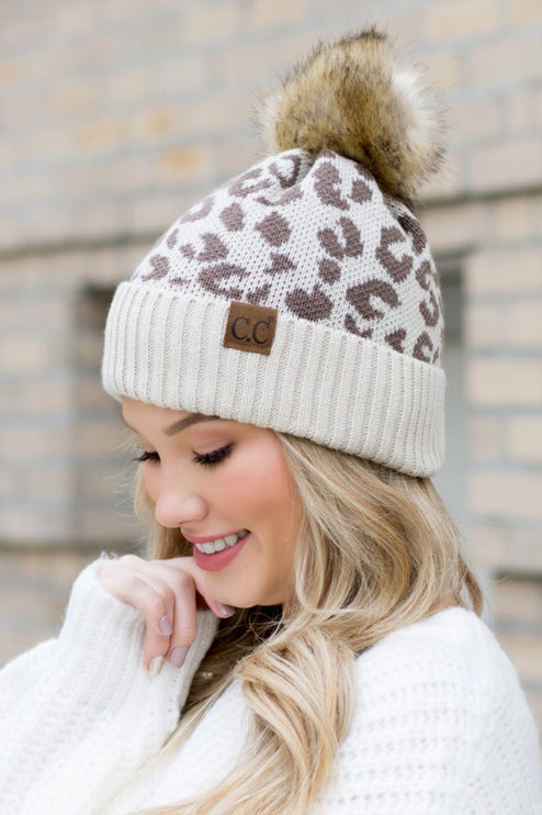 Leopard Fur Pom Beanie - Accessoriesforever