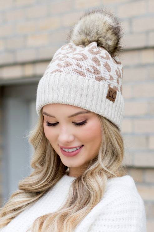 Leopard Fur Pom Beanie - Accessoriesforever