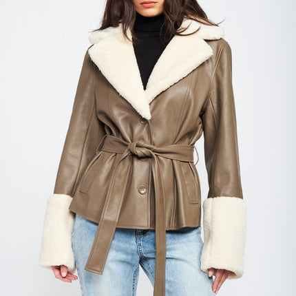 Chic Fashion Stylish Belted Faux Shearing Trimmed Outwear Fashion Jacket - Accessoriesforever