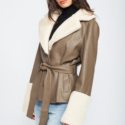 Chic Fashion Stylish Belted Faux Shearing Trimmed Outwear Fashion Jacket - Accessoriesforever