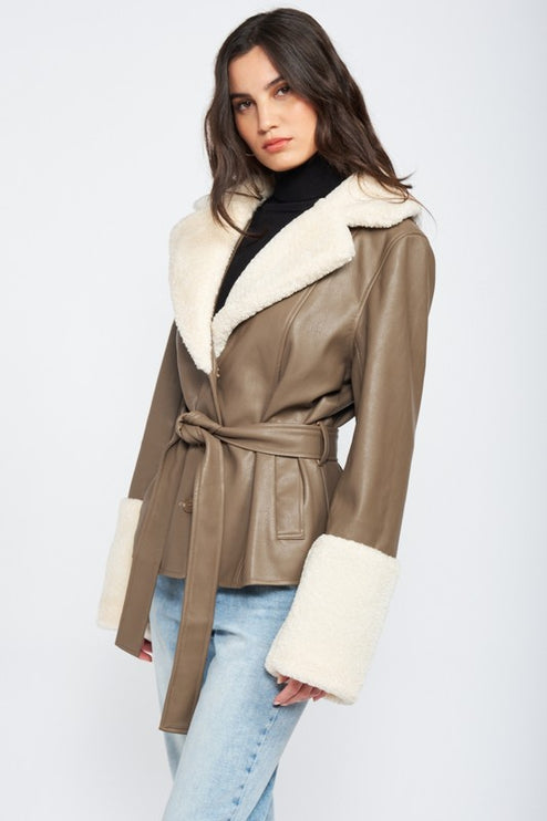 Chic Fashion Stylish Belted Faux Shearing Trimmed Outwear Fashion Jacket