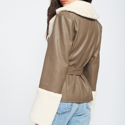 Chic Fashion Stylish Belted Faux Shearing Trimmed Outwear Fashion Jacket - Accessoriesforever