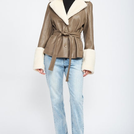Chic Fashion Stylish Belted Faux Shearing Trimmed Outwear Fashion Jacket - Accessoriesforever