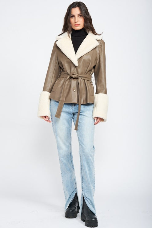 Chic Fashion Stylish Belted Faux Shearing Trimmed Outwear Fashion Jacket