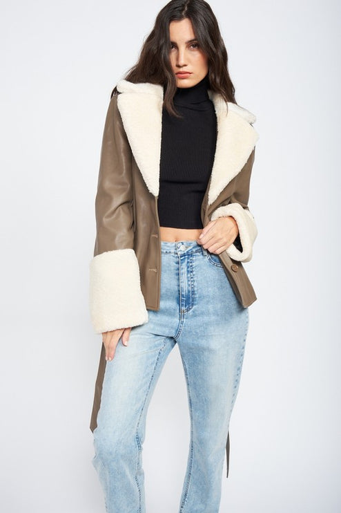 Chic Fashion Stylish Belted Faux Shearing Trimmed Outwear Fashion Jacket - Accessoriesforever