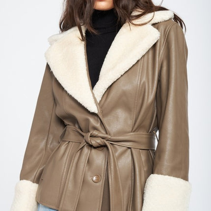 Chic Fashion Stylish Belted Faux Shearing Trimmed Outwear Fashion Jacket - Accessoriesforever