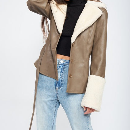 Chic Fashion Stylish Belted Faux Shearing Trimmed Outwear Fashion Jacket - Accessoriesforever
