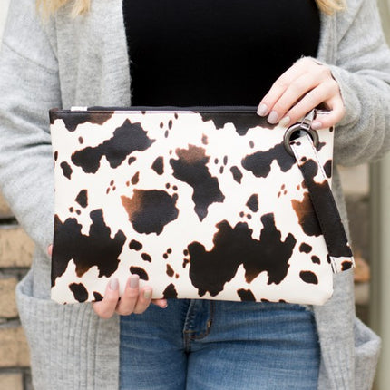 Cow Print Oversized Clutch Bag with Wristlet Strap
