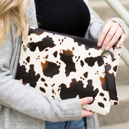 Cow Print Oversized Clutch Bag with Wristlet Strap