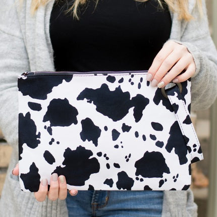 Cow Print Oversized Clutch Bag with Wristlet Strap