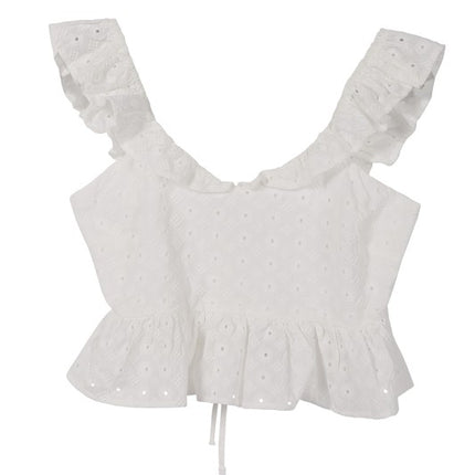 Cute Stylish Open Back Tie Ruffled Trim Flare Fashion Top White