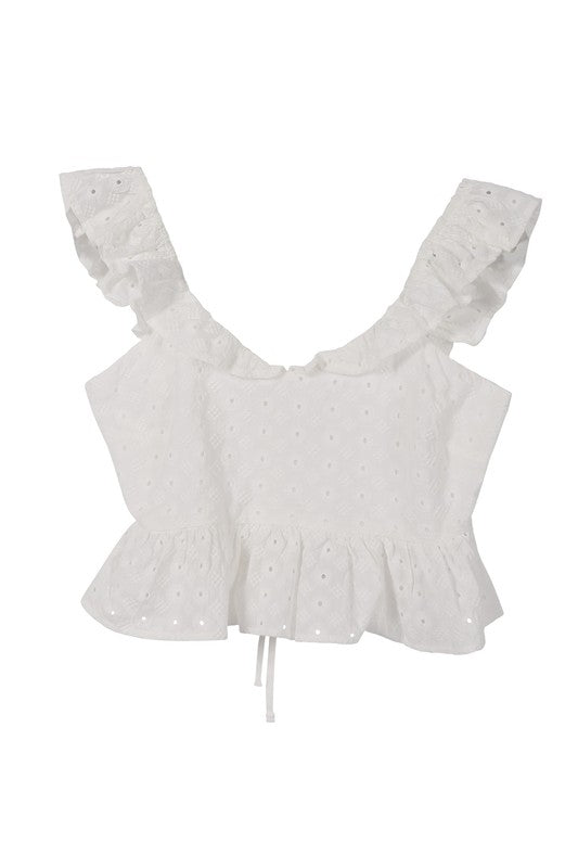 Cute Stylish Open Back Tie Ruffled Trim Flare Fashion Top White