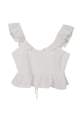 Cute Stylish Open Back Tie Ruffled Trim Flare Fashion Top White