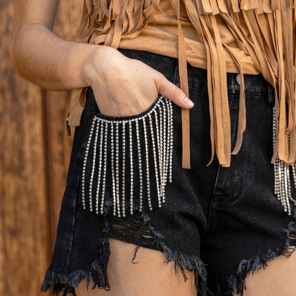 Stylish Chic Frayed Rhinestone Distressed Denim Jeans Bottom Shorts - Accessoriesforever