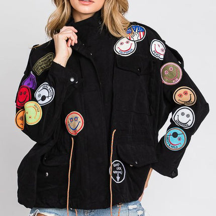 Smiley Patched Zip-Up Drawstring Fashion Jacket