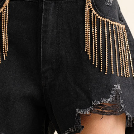 Stylish Chic Frayed Rhinestone Distressed Denim Jeans Bottom Shorts - Accessoriesforever