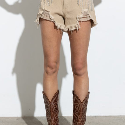 Stylish Chic Frayed Rhinestone Distressed Denim Jeans Bottom Shorts - Accessoriesforever