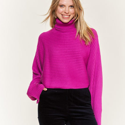 Ribbed Mock Neck Sweater with Wide Sleeves