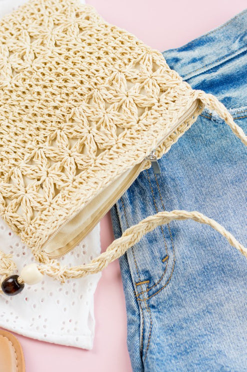 Boho Woven Straw Tassel Accent Crossbody Bag