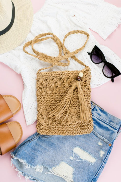 Boho Woven Straw Tassel Accent Crossbody Bag