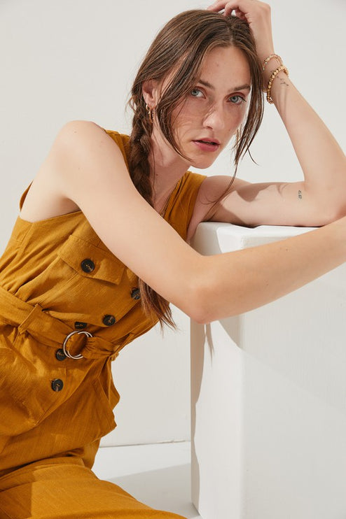 Linen Blend Jumpsuit with Belt and Multiple Pockets - Accessoriesforever