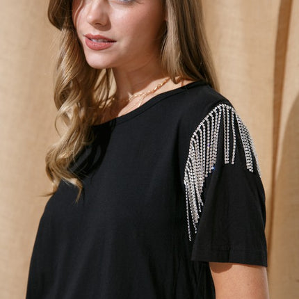 Soft Cotton Rhinestone Fringe Shoulder Detail Fashion Top T-shirt - Accessoriesforever