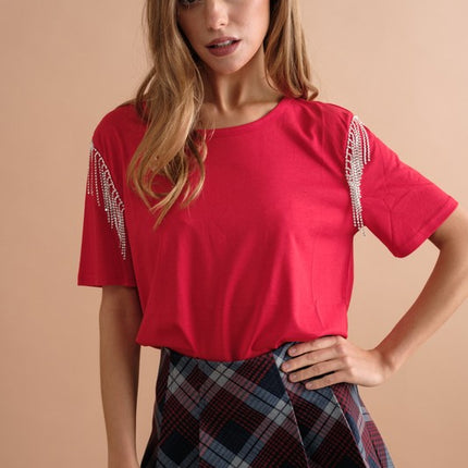 Soft Cotton Rhinestone Fringe Shoulder Detail Fashion Top T-shirt - Accessoriesforever