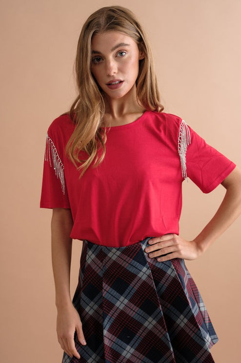 Soft Cotton Rhinestone Fringe Shoulder Detail Fashion Top T-shirt - Accessoriesforever