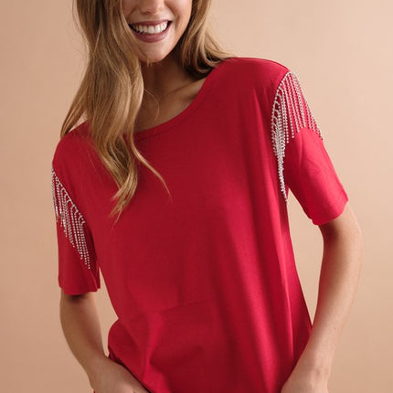 Soft Cotton Rhinestone Fringe Shoulder Detail Fashion Top T-shirt - Accessoriesforever