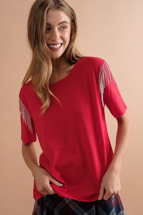 Soft Cotton Rhinestone Fringe Shoulder Detail Fashion Top T-shirt - Accessoriesforever