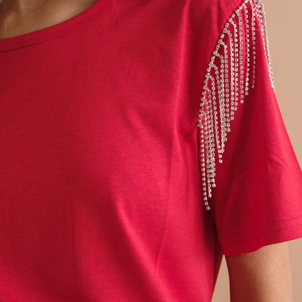 Soft Cotton Rhinestone Fringe Shoulder Detail Fashion Top T-shirt - Accessoriesforever