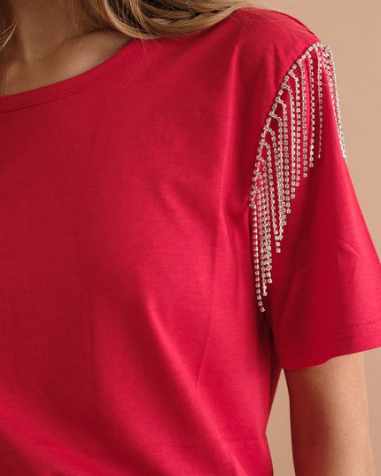 Soft Cotton Rhinestone Fringe Shoulder Detail Fashion Top T-shirt