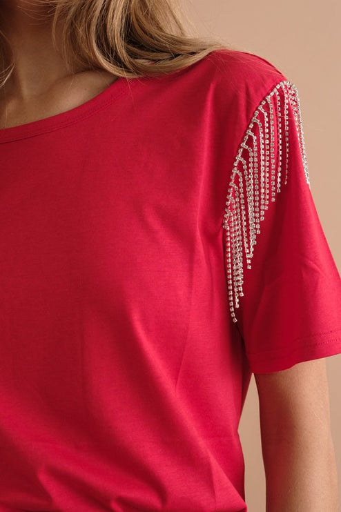 Soft Cotton Rhinestone Fringe Shoulder Detail Fashion Top T-shirt - Accessoriesforever