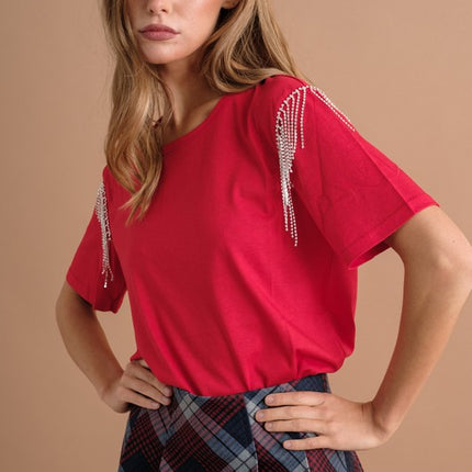 Soft Cotton Rhinestone Fringe Shoulder Detail Fashion Top T-shirt - Accessoriesforever