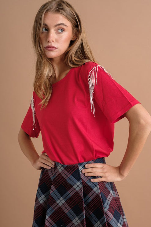 Soft Cotton Rhinestone Fringe Shoulder Detail Fashion Top T-shirt - Accessoriesforever