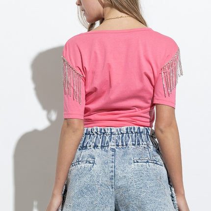 Soft Cotton Rhinestone Fringe Shoulder Detail Fashion Top T-shirt - Accessoriesforever