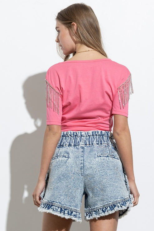 Soft Cotton Rhinestone Fringe Shoulder Detail Fashion Top T-shirt - Accessoriesforever