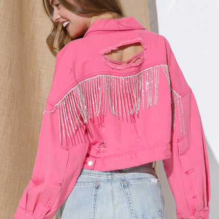 Stylish Rhinestone Fringe Long Sleeve Distressed Denim Jacket