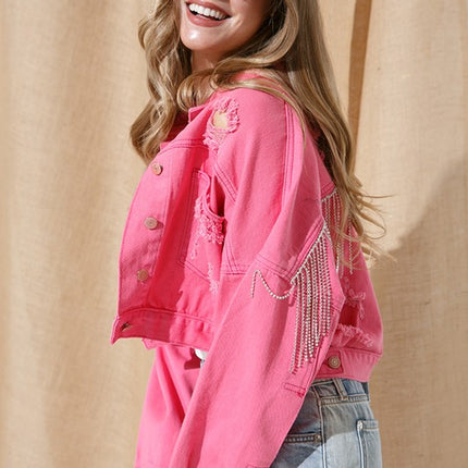 Stylish Rhinestone Fringe Long Sleeve Distressed Denim Jacket
