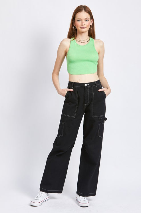 Classic Stylish Casual High Rise Wide-Leg Cargo Pants Denim Jeans