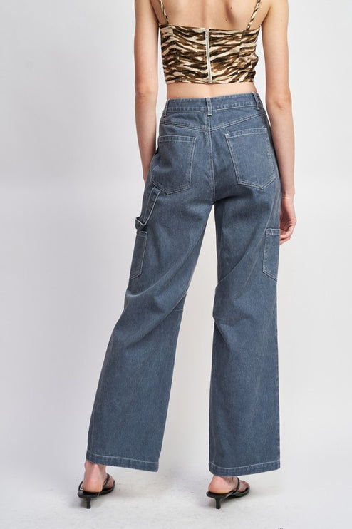 Classic Stylish Casual High Rise Wide-Leg Cargo Pants Denim Jeans