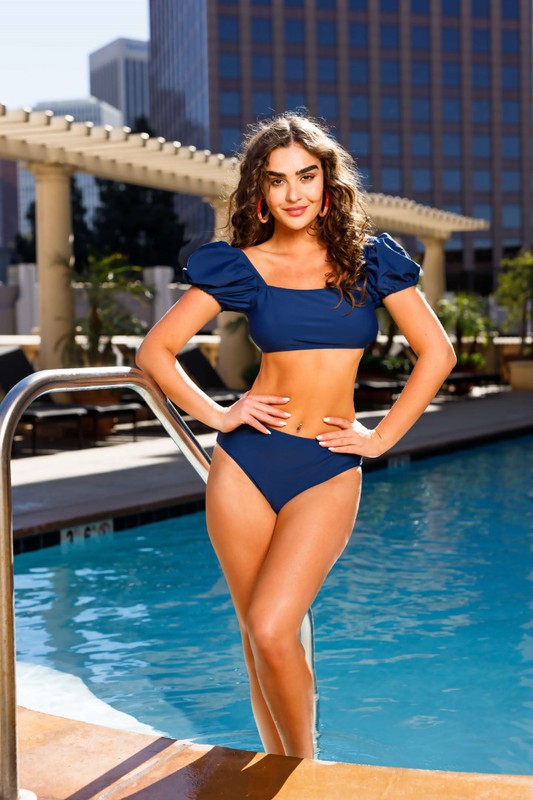 Cute Puff Shoulder Sleeves High Waist Two-Piece Swimwear Swimsuit