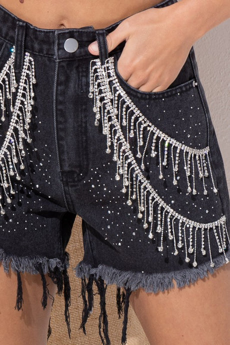 Dazzling Stylish Rhinestone Fringe Details Denim Jean Bottom Shorts