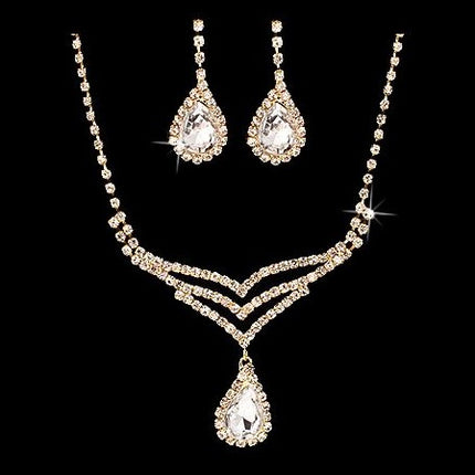 Bridal Wedding Jewelry Set Crystal Rhinestone Elegant TD V-Drop Necklace Gold - Accessoriesforever