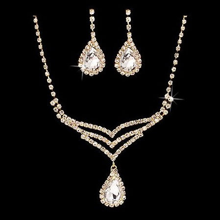 Bridal Wedding Jewelry Set Crystal Rhinestone Elegant TD V-Drop Necklace Gold