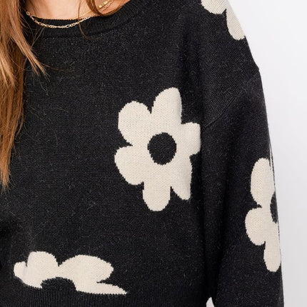 Cute Floral Daisy Pattern Long Sleeve Cropped Sweater